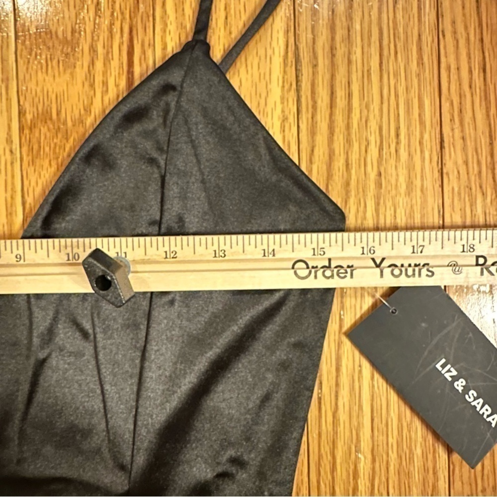 Liz & Sara little black dress satin look deep V thin strap tulip hem Large NEW - Picture 4 of 9